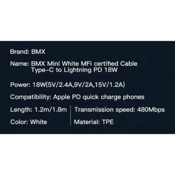 [CHÍNH HÃNG] Cáp Sạc Nhanh Cho Iphone Type-C To Lightning Baseus BMX Mini White PD Cable 18W Có Chứng Nhận MFI