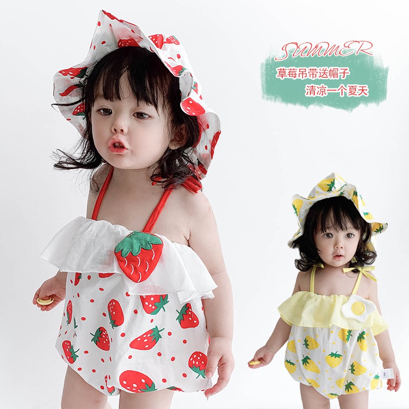 Bộ body dâu tây cho bé gái chất vải cotton mềm mỏng thoáng mát cho bé từ 6 tháng - 3 tuổi _ kèm mũ cute