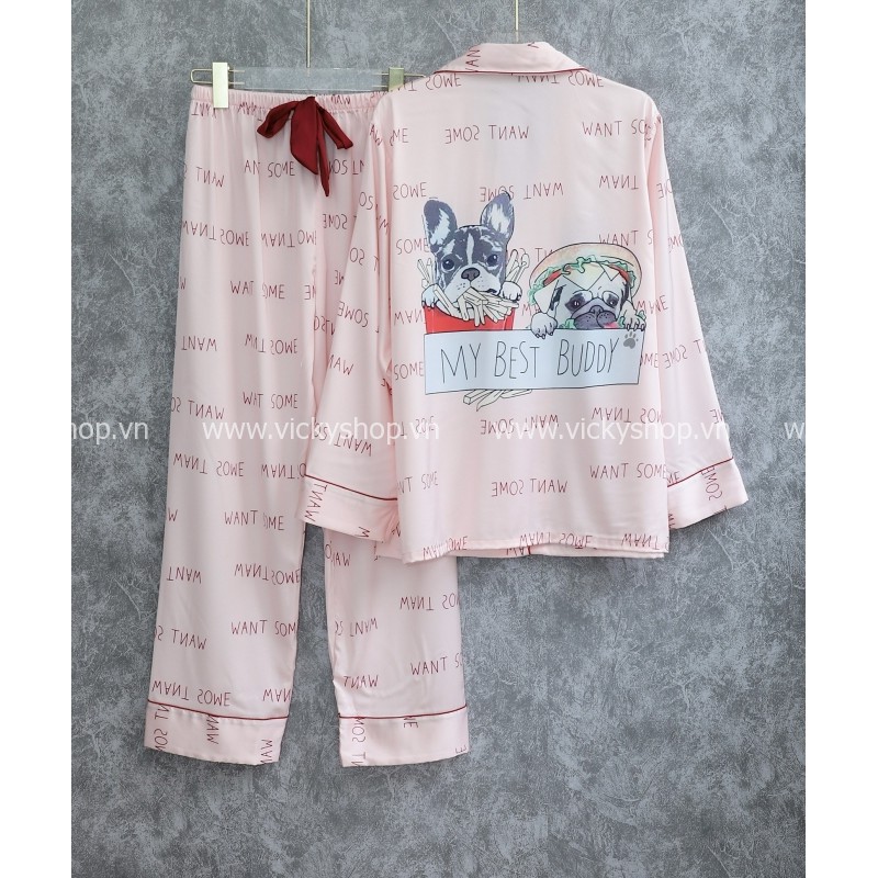 [Hàng Sẵn chuyên Sỉ] B143  Bộ đồ ngủ pijama lụa QCCC, tay dài quần dài in hình siêu dễ thương, chất đẹp mềm mịn.