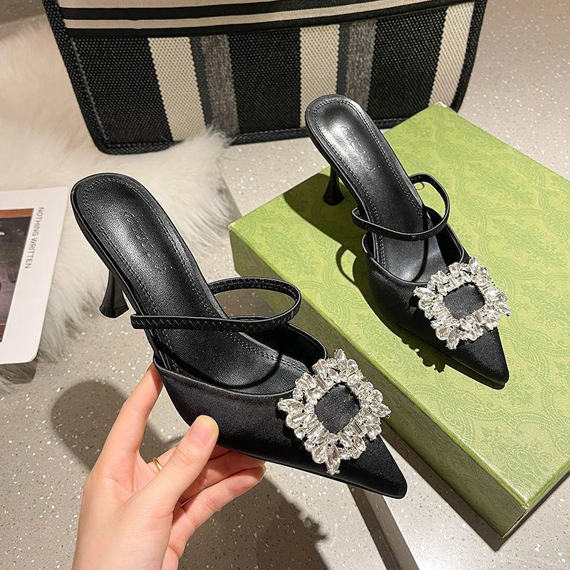 Dép cao gót da lộn mũi nhọn màu đen đính đá phong cách Pháp sang trọng thời trang 2022 cho nữ