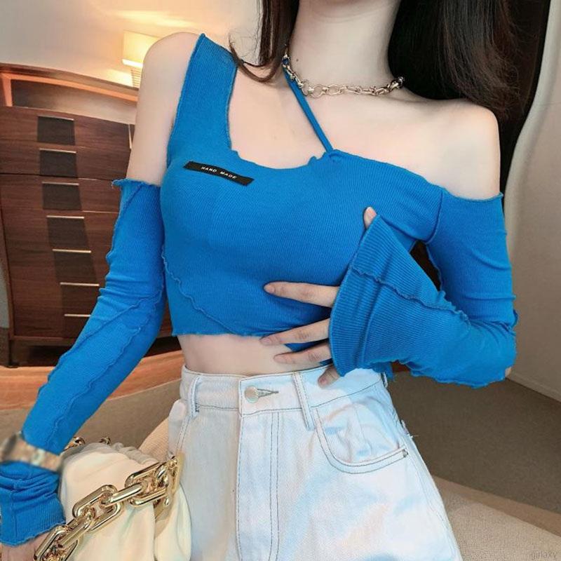 Áo thun dài tay trễ vai màu trơn phong cách Hàn Quốc retro