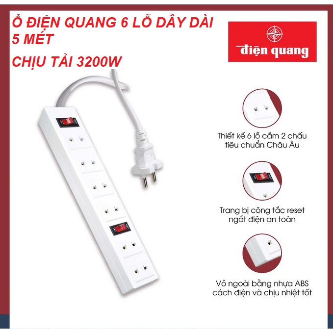 Ổ cắm điện chịu nhiệt Điện Quang 6 lỗ chịu tải 3200w - Dây dài 5 mét