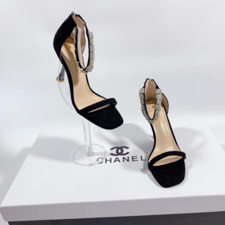 B(ẢNH THẬT) Sandal 9p Quai Mảnh Nạm Đá Gót Nhọn Bigtree Da Lộn Mềm Êm Fullbox