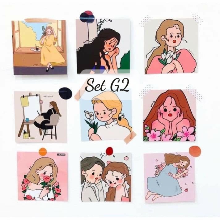 [ FreeShip ] Set 9 tấm thiệp postcard CÔ GÁI VÀ HOA có sẵn decor trang trí phòng siêu cute