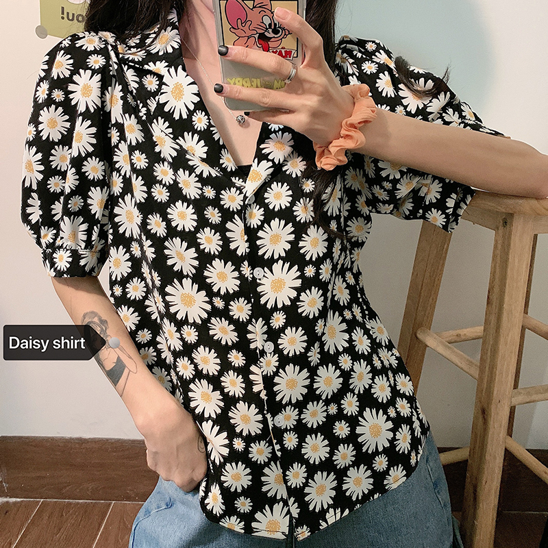 Áo sơ mi SUXI tay ngắn dáng rộng họa tiết hoa cúc phong cách Hàn Quốc thời trang dành cho nữ