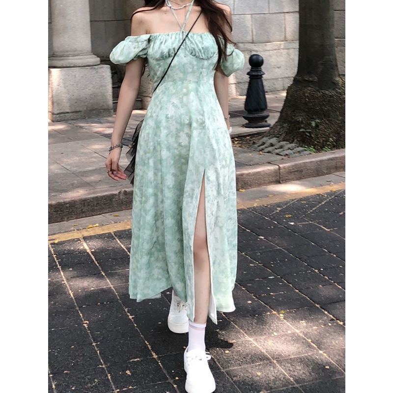 Đầm Dài Hở Vai Màu Xanh Lá Phong Cách Mới Dành Cho Nữ