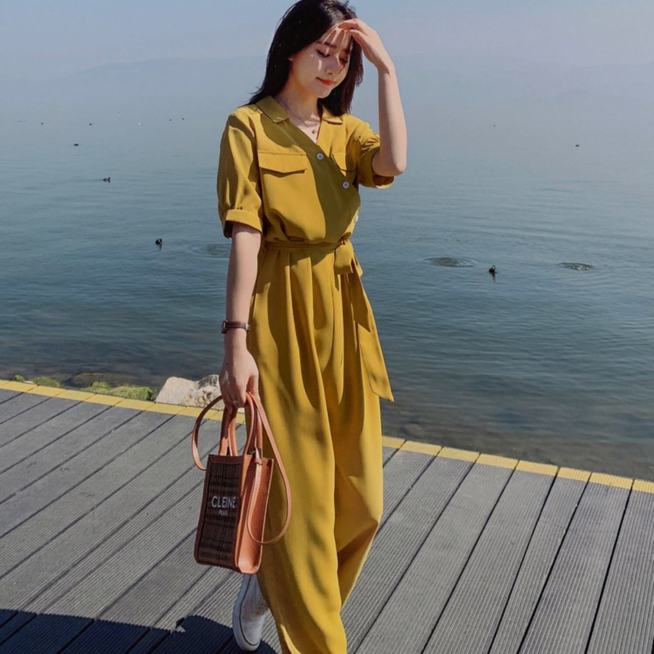 Jumpsuit Lưng Cao Ống Rộng Thời Trang Dành Cho Nữ