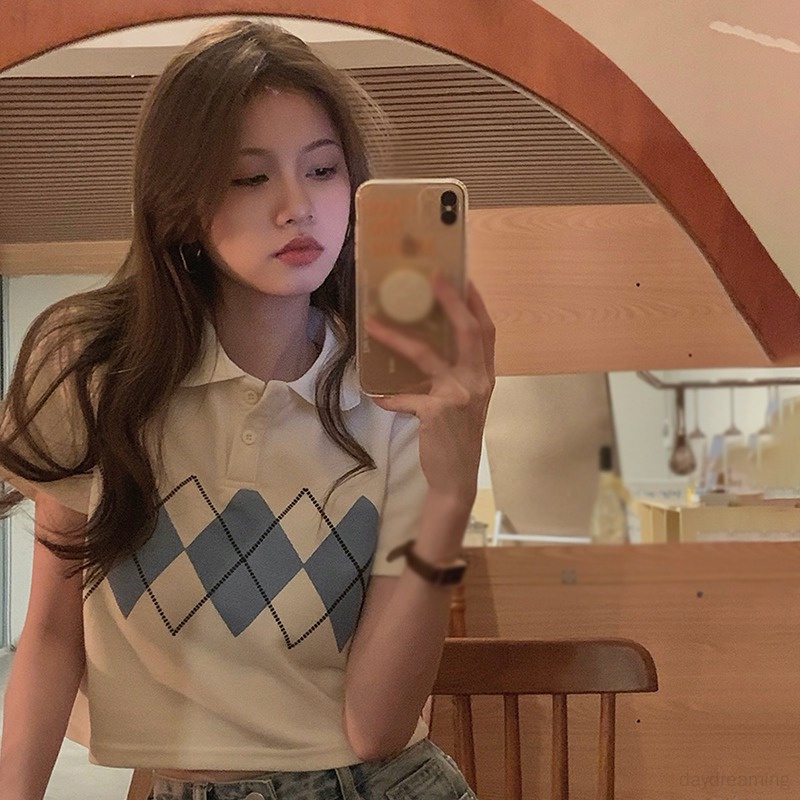 Áo Croptop Ngắn Tay Họa Tiết Hình Thoi Thời Trang Cho Nữ