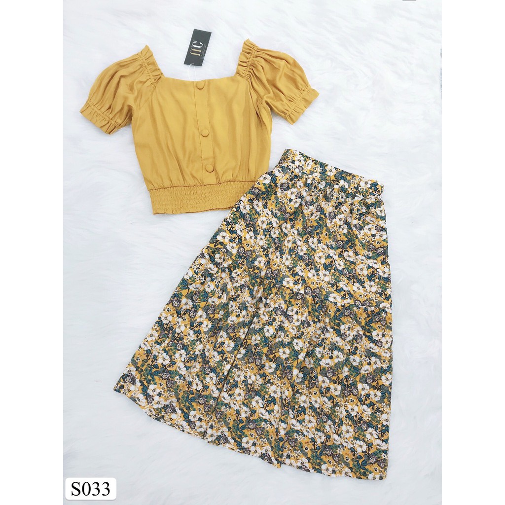 Set áo chân váy rời áo croptop vàng chân váy dài xếp ly hoa S033 - MC phân phối chính thức