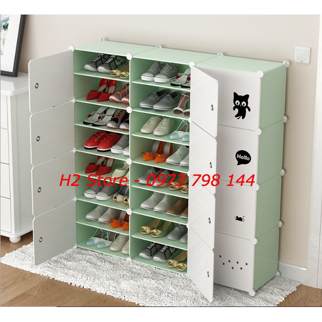 TỦ ĐỂ GIÀY LẮP GHÉP ĐA NĂNG 24 Ô (chia ô) VÁCH CỐM CỬA MÀU TRẮNG MÈO ĐEN