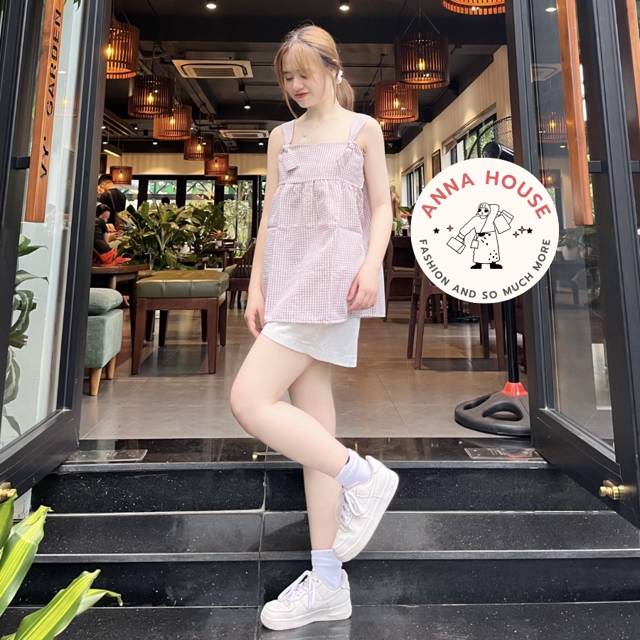 Set đồ nữ áo 2 dây kẻ caro buộc nơ vai kèm quần đùi ngắn, bộ đồ nữ Áo 2 dây babydoll và quần short nữ chất đũi xốp