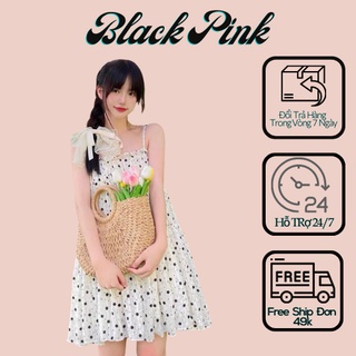 Váy hai dây hoa nhí đen chất liệu voan black pink