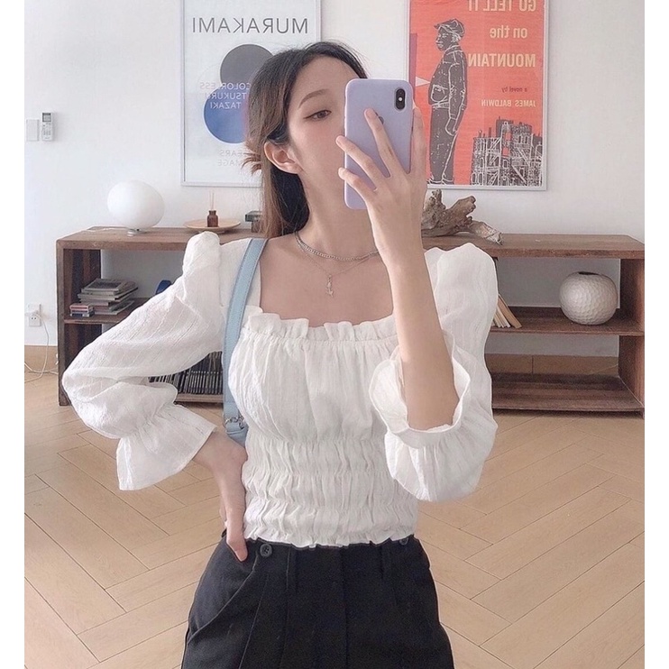 SELENE TOP Áo croptop xô sọc cổ vuông nhún ngực eo tay phồng trắng đen (ảnh thật)