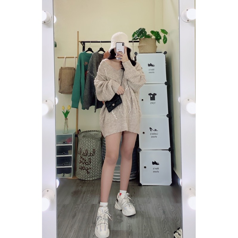Áo len thừng cổ V form rộng