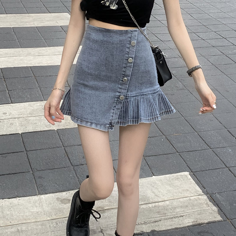 COZOK Váy denim xếp ly lưng cao nữ tính