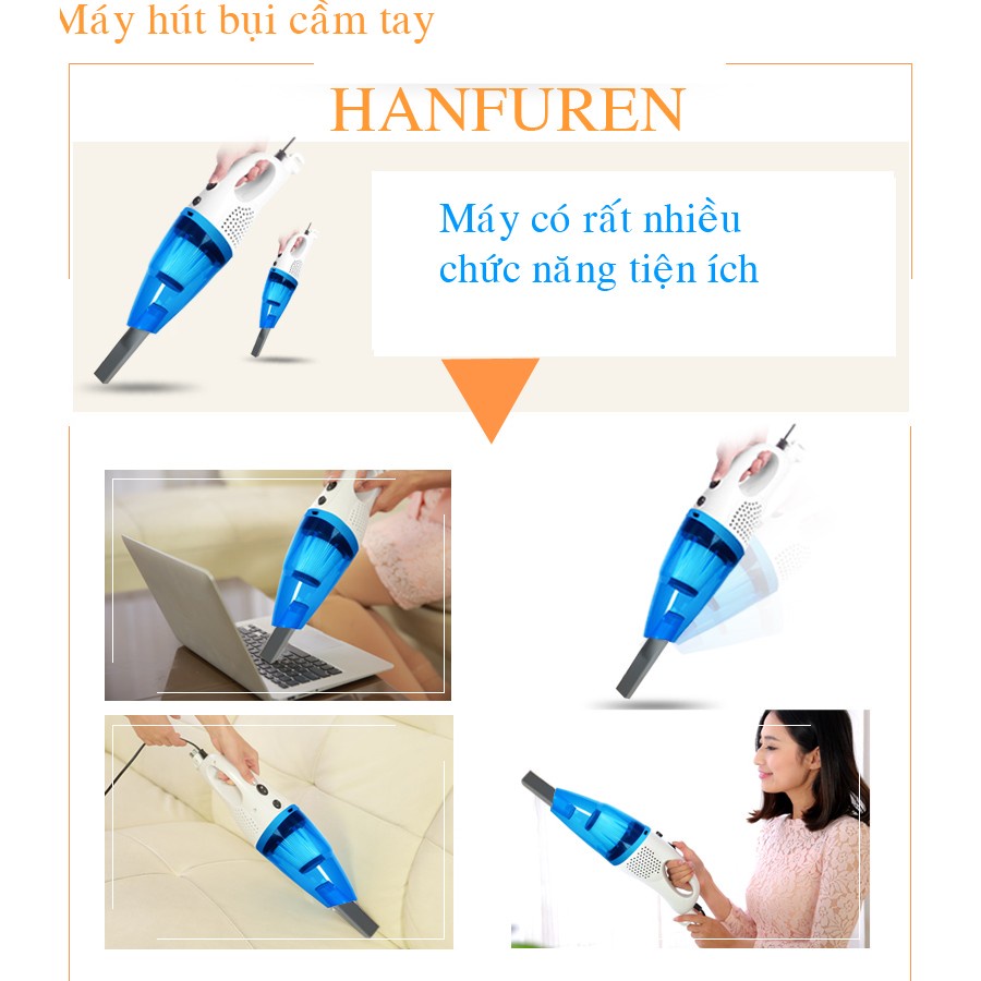 Máy Hút Bụi Gia Đình Cầm Tay HANFUREN LF-07A Công Suất 600W Lực Hút 15000Pa Kèm 9 Đầu Hút Linh Hoạt Mọi Ngóc Ngách