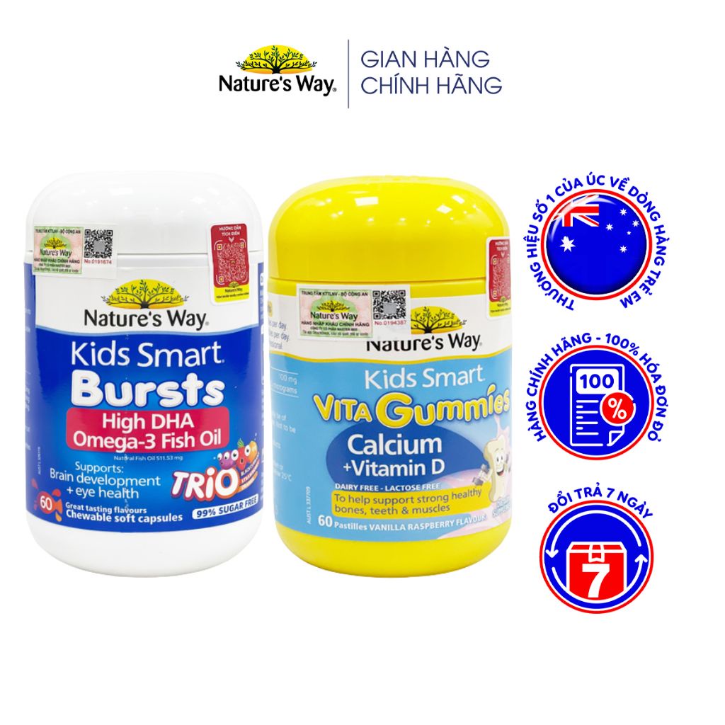 Combo Phát Triển Chiều Cao, Não Bộ, Thị Lực NATURE'S WAY Omega-3 Fish Oil + Gummies Calcium, Vitamin D Cho Bé Từ 2 Tuổi