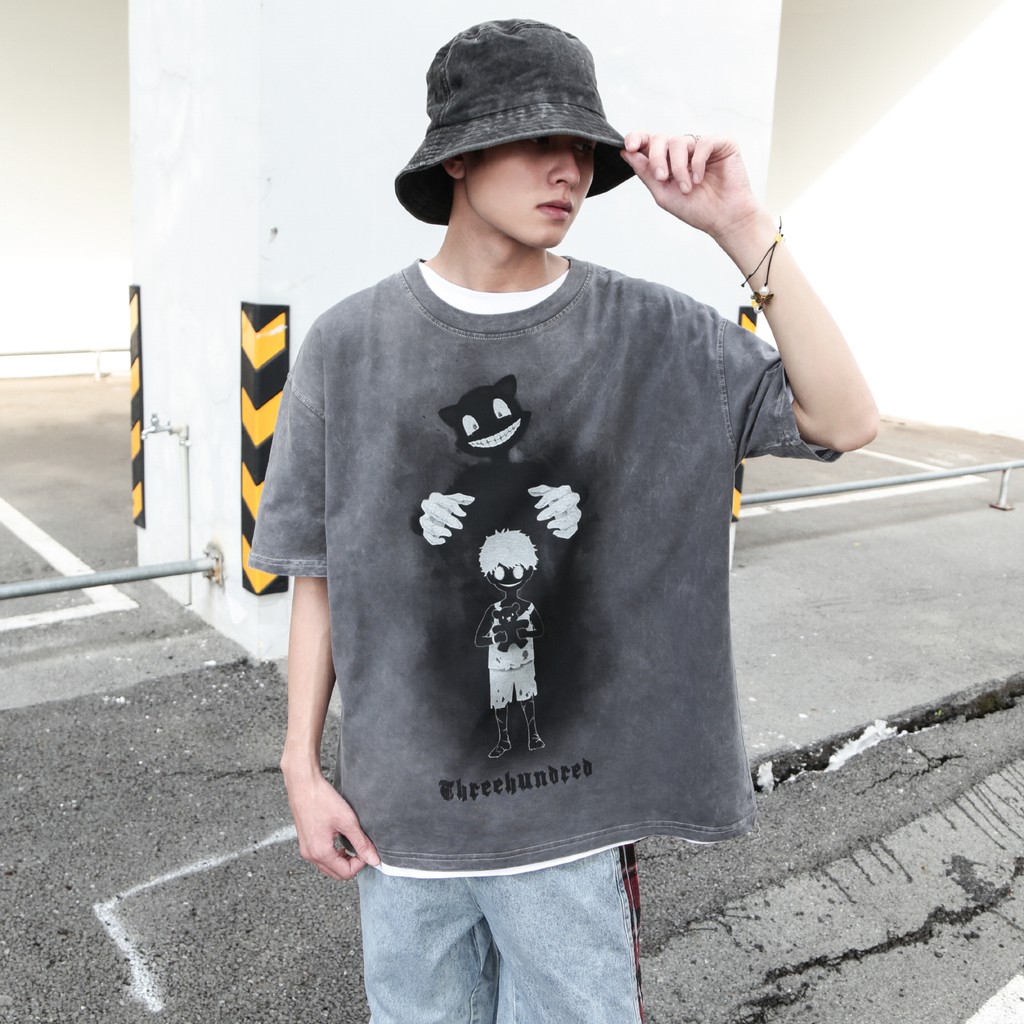 Áo Thun Wash Creepy Cat Xám Chất Liệu Cotton Thoáng Mát Form Rộng Unisex Nam Nữ