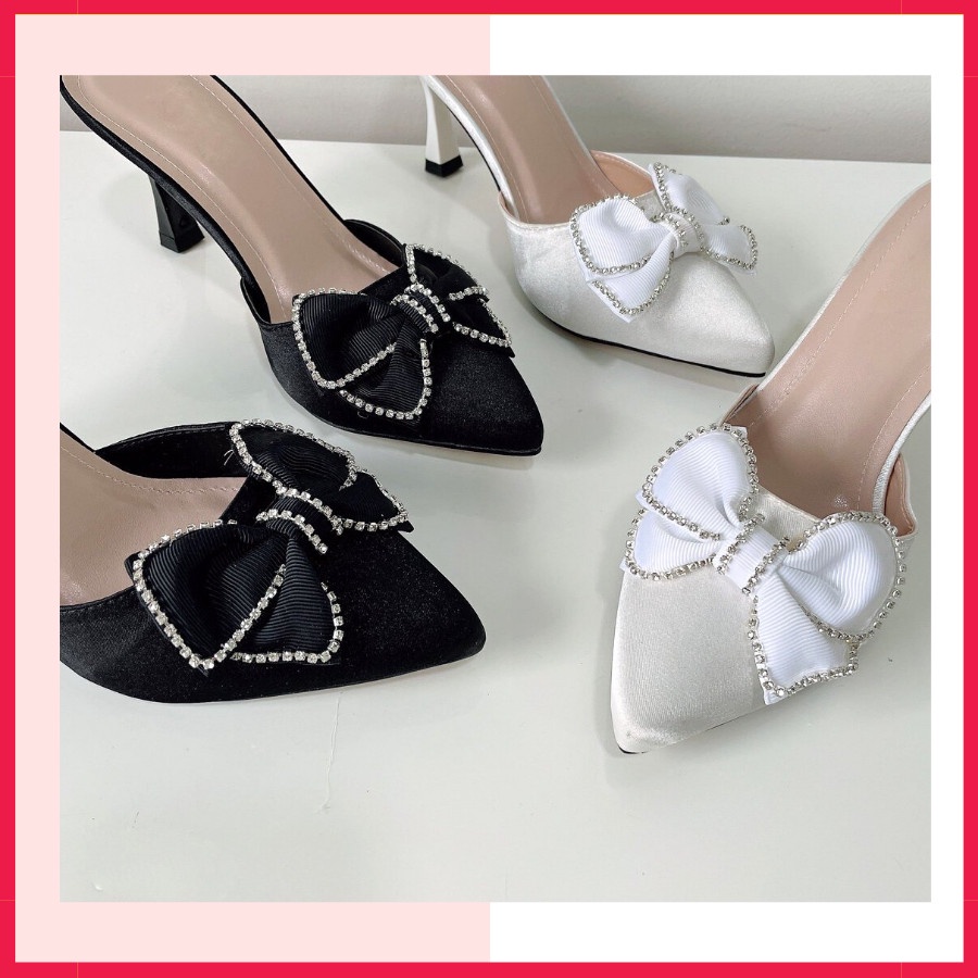 Guốc Sục Nữ Cao Gót Đế Nhọn 7p Nơ Đính Đá Siêu Sang Chảnh. Giày Hoàng Thanh G11