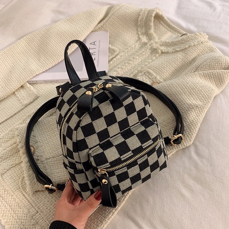 Balo nữ đẹp hoạ tiết caro 2 màu nâu đen size 21*19cm phong cách hàn quốc giá rẻ cho sinh viên học sinh-TM30