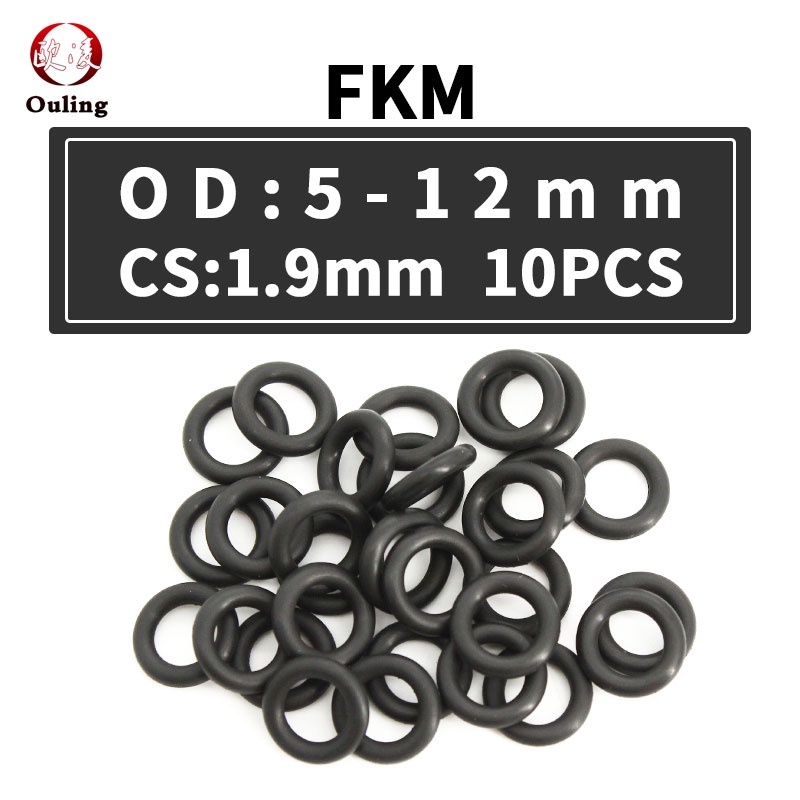 10 CÁI / Lô Vòng đệm cao su Flo Màu đen FKM O Vòng đệm 1,9mm Độ dày OD5/6/7/8/9/10/11/12 * 1,9mm Vòng đệm cao su O-ring Vòng đệm