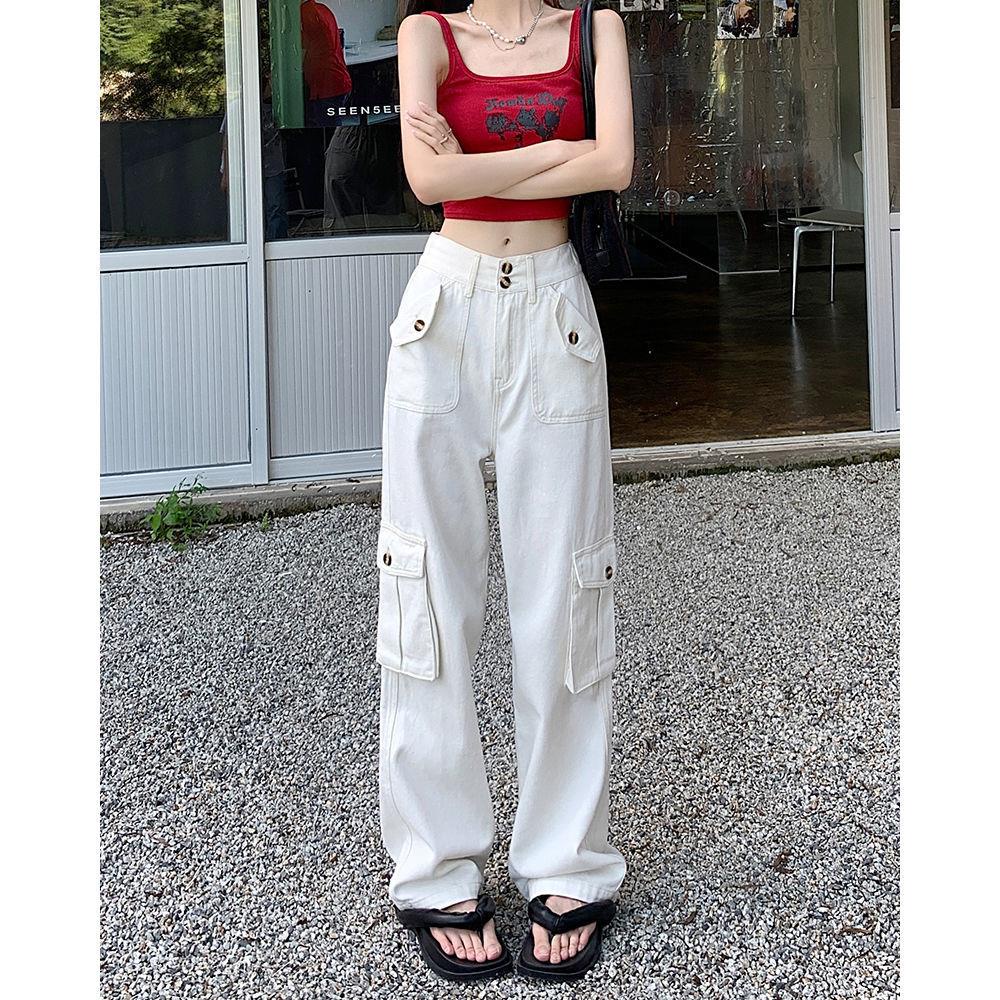 Quần Yếm Jean Lưng Cao Ống Rộng Phong Cách Retro Mỹ Thời Trang Mùa Thu Cho Nữ