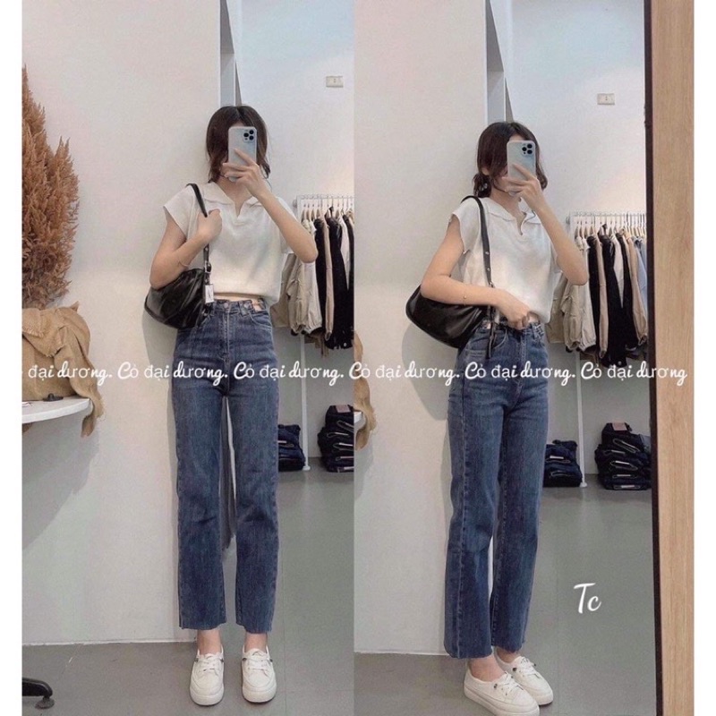 quần jean ống đứng xích eo cạp cao co giãn