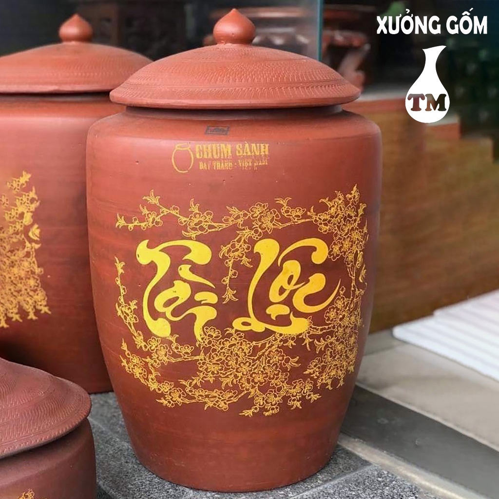 Hũ đựng gạo Xưởng Gốm TM Bát Tràng màu nâu đỏ không tráng men chữ Tài Lộc nhiều kích thước