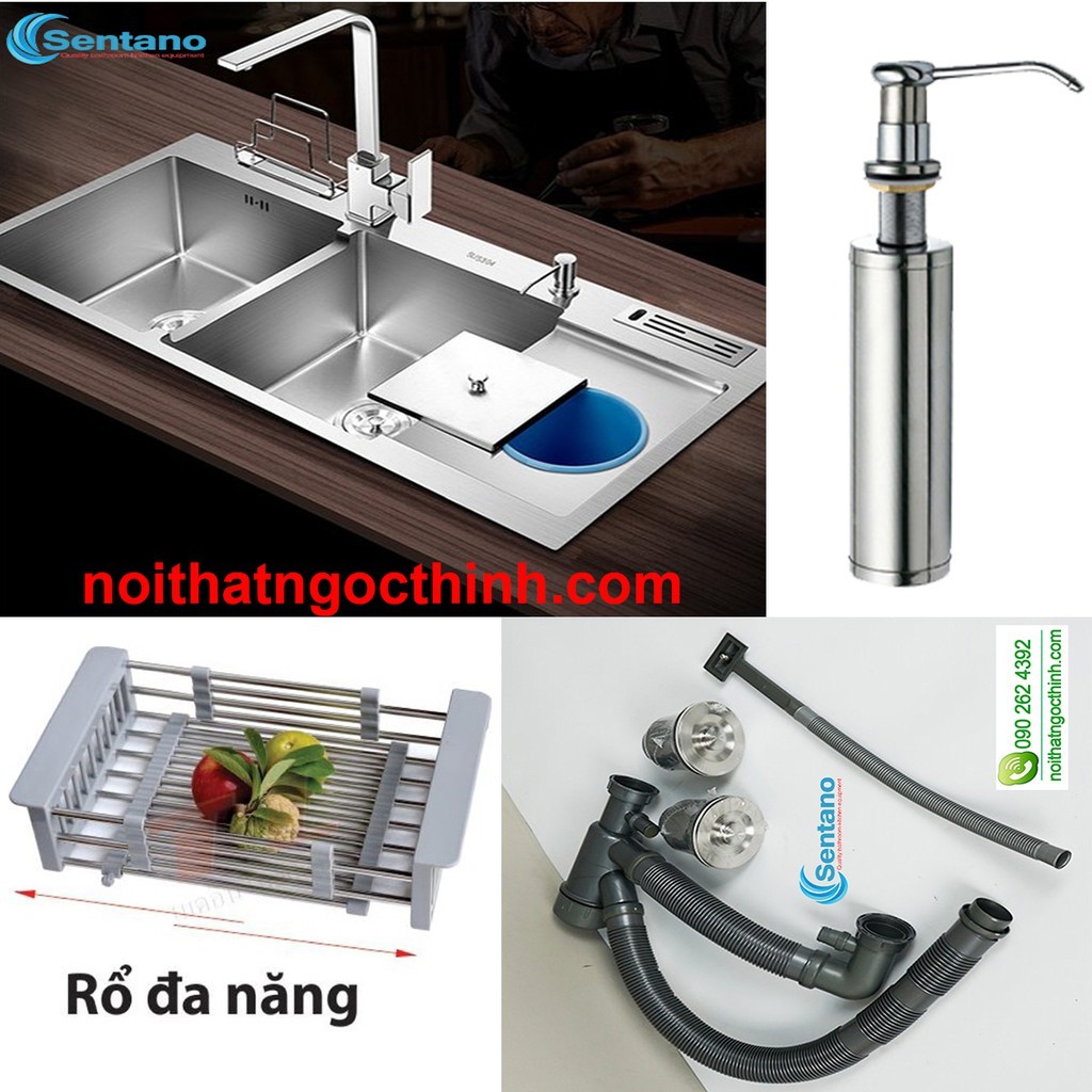 Chậu rửa chén đúc liền khối inox 304 SENTANO 2 ngăn 100X48cm - Bồn rửa chén inox 2 ngăn | BigBuy360 - bigbuy360.vn