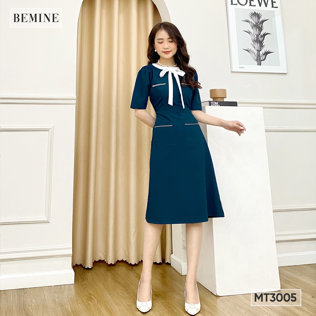 Đầm phối nơ túi viền trắng BEMINE MT3005XANH