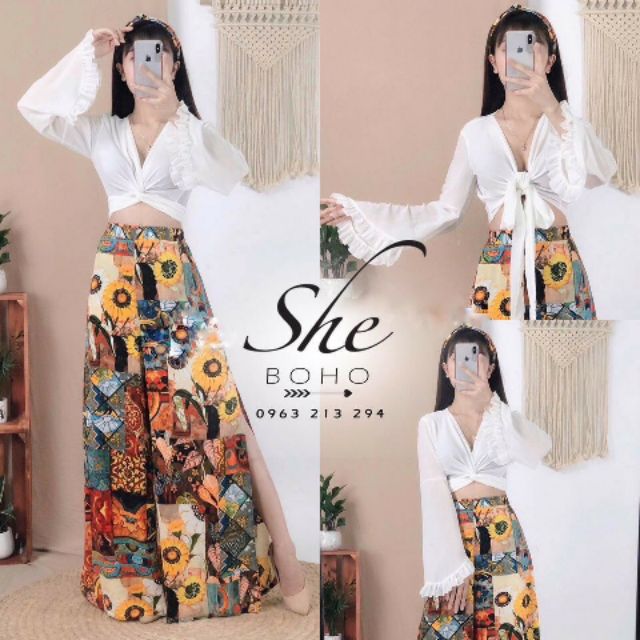 Set quần thổ cẩm áo trắng - áo croptop nơ ngực tay bèo và quần ống rộng | BigBuy360 - bigbuy360.vn