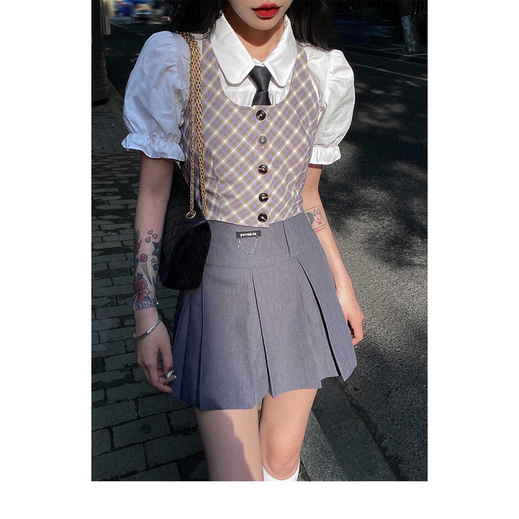 【F&amp;X】Chân Váy Xếp Ly Nhỏ Màu Xám Thời Trang Mùa Hè Cho Nữ Sinh