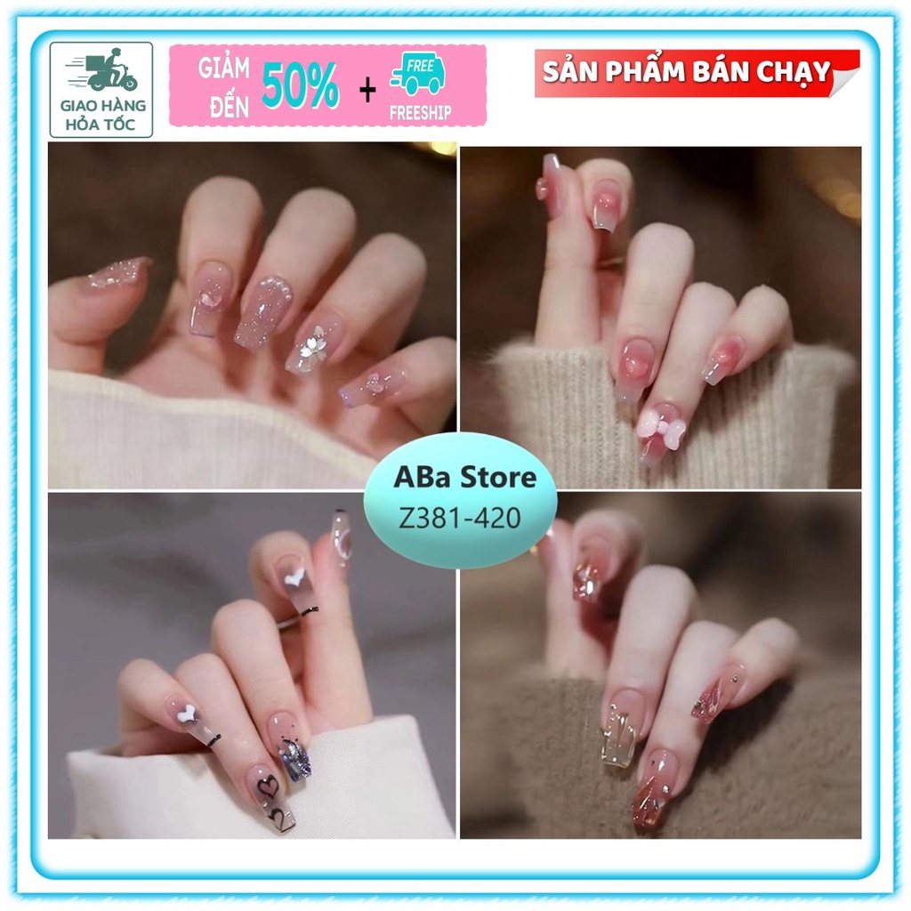 Bộ 24 móng tay giả đính đá làm nail ABa