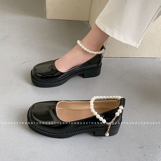 Giày Mary Jane Da Bóng Mũi Vuông Phối Quai Ngọc Ulzzang - GD021