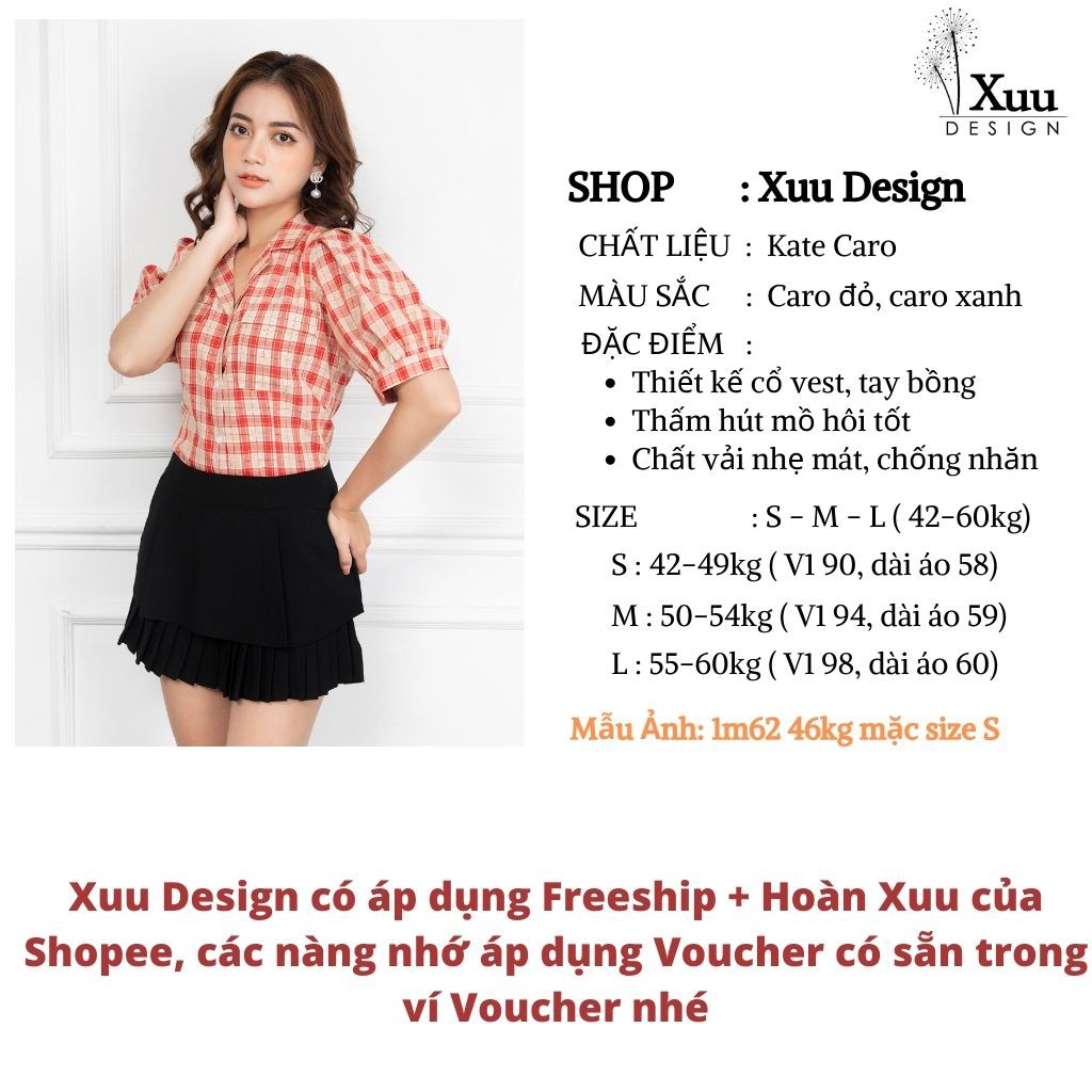 Áo sơ mi nữ caro Xuu Design, Áo kiểu tay bồng cổ vest túi ngực TK21.09