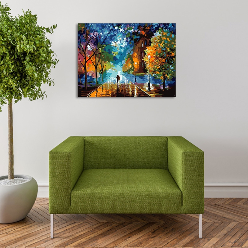 Tranh sơn màu hình đường phố mùa thu bằng chất liệu acrylic trang trí nhà cửa