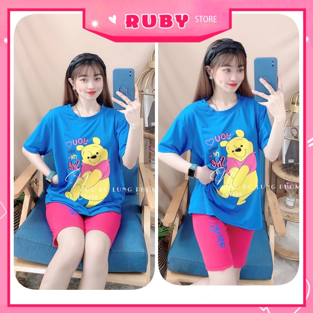 Đồ bộ thun lửng phom to cho nữ mặc nhà chất thun mềm mát in hình gấu hoạt hình dễ thương TP88