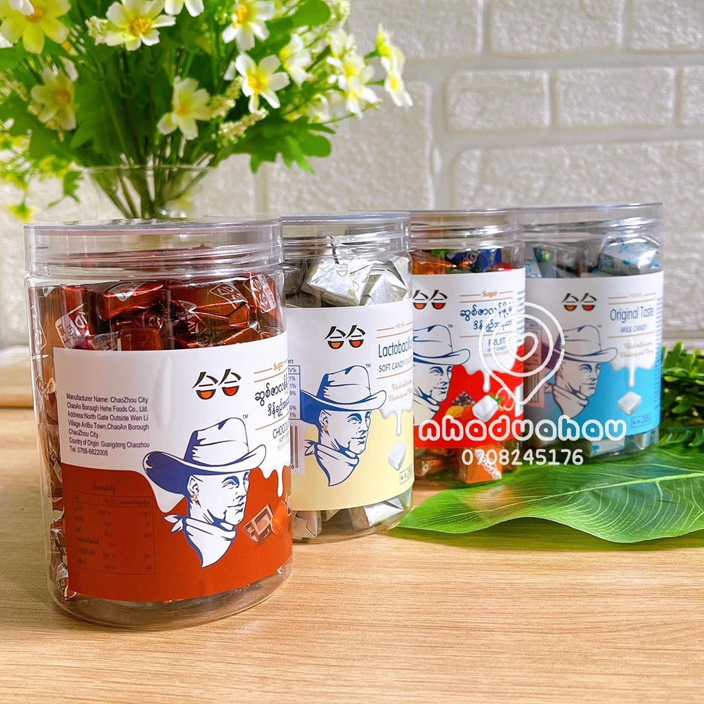 Một hủ kẹo sữa chua/ sữa bò/ trái cây mix vị hiệu HEHE Hongkong dạng hủ 288g
