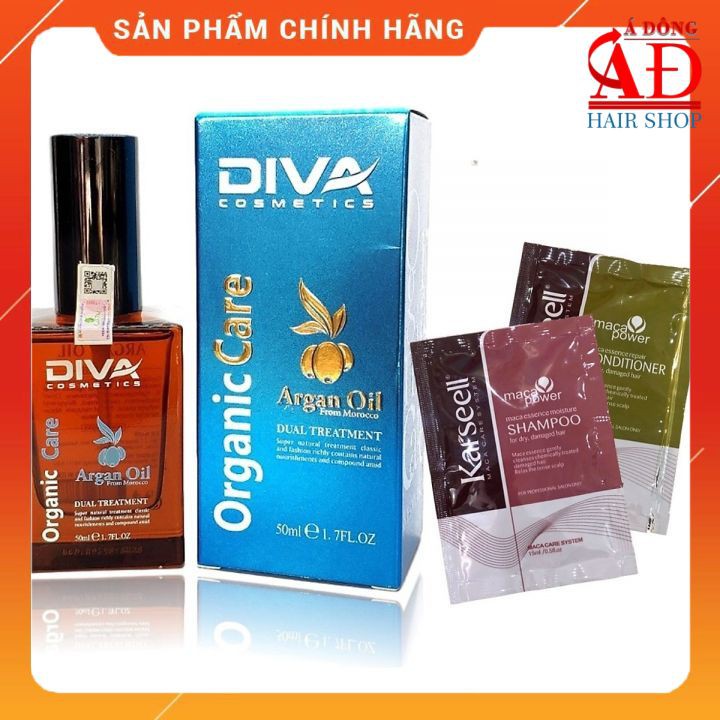 Tinh dầu dưỡng tóc DIVA Cosmetics Argan Oil 50ml + Cặp dầu gội xả gói Karseell Maca siêu mượt 15mlx2