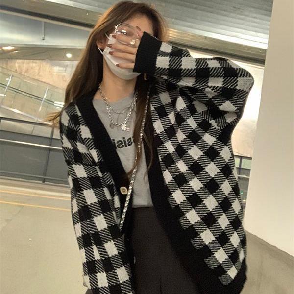 Áo cardigan len nữ caro ô vuông bàn cờ khoác ngoài Quảng châu cao cấp mới nhất thu đông hot trend 2022 kozoda AC61