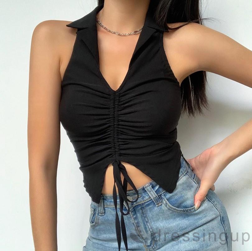 Áo ôm dáng sát nách cổ chữ V khoét sâu phối dây rút gợi cảm hợp mùa hè cho nữ | BigBuy360 - bigbuy360.vn