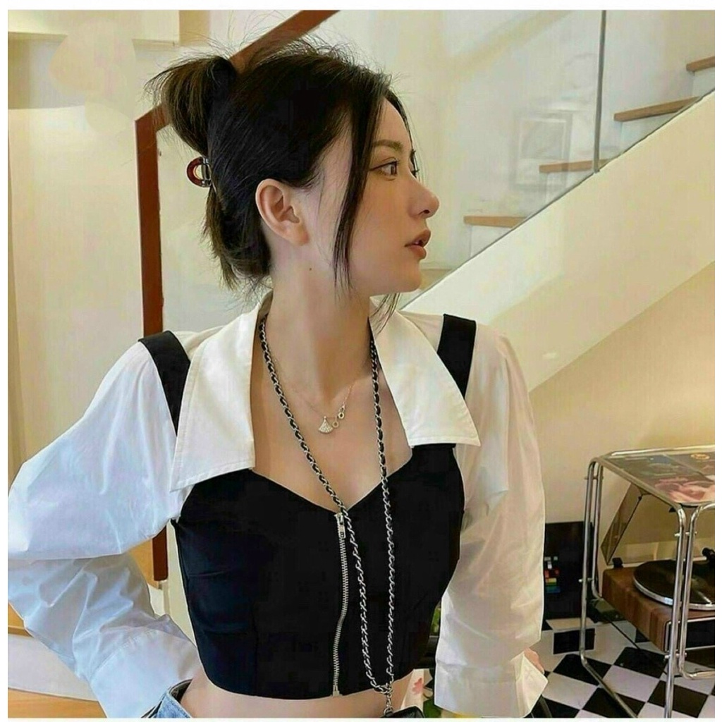 Áo Sơ Mi Nữ Phối Màu Tay Dài Kiểu Dây Kéo Trước
