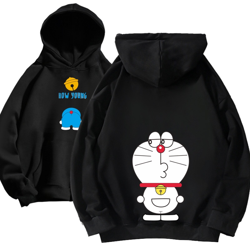 Áo hoodie cotton dáng rộng in hình Doraemon dễ thương có size lớn cho nam