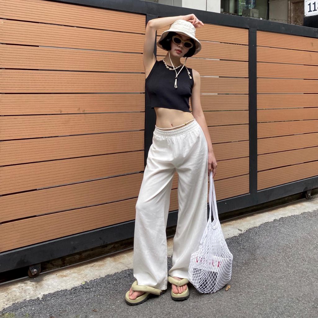 Set áo crop top ngắn, quần ống rộng lưng thun thoải mái