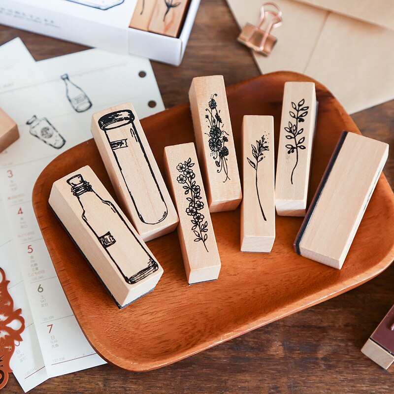 Set con dấu gỗ hình hoa và cây cối phong cách vintage dành cho trang trí sổ tay