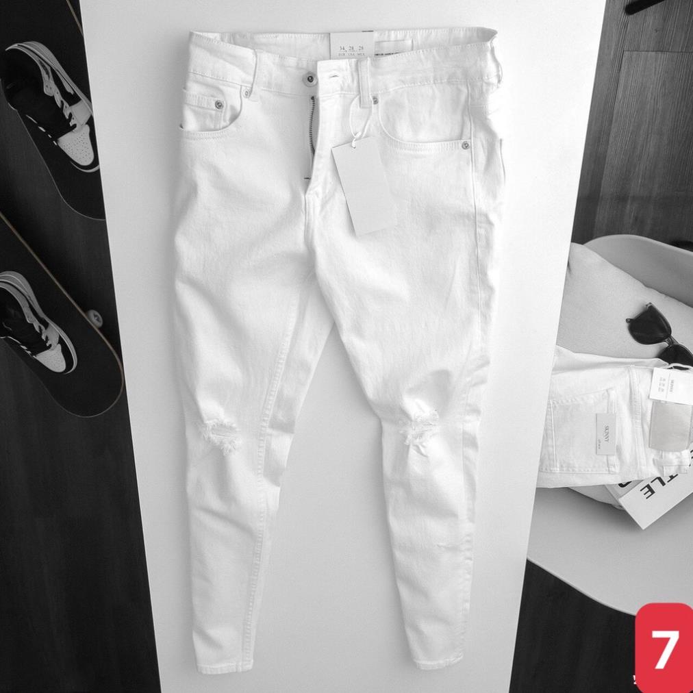 Quần jeans nam trắng trơn rách gối chất jean bò cao cấp co dãn 4 chiều đẹp rin from dáng rin skinny ADO7 !