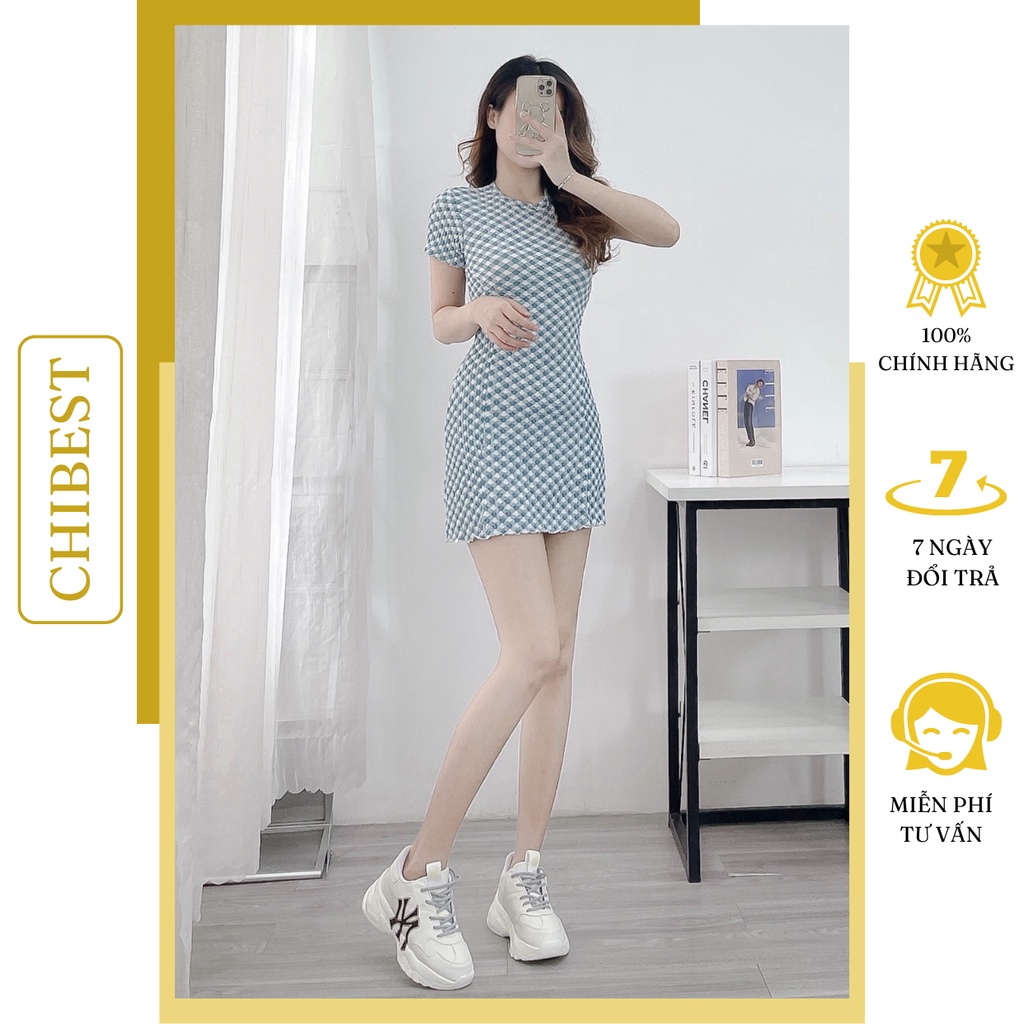 Đầm A xốp ô ziczac cổ tròn form body CHIBEST LDB79