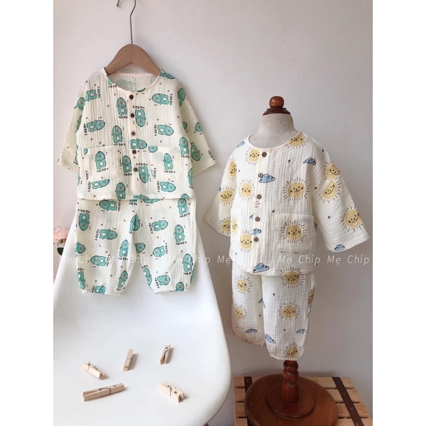 vải xô muslin 2 lớp khủng long happy may đồ bộ dài tay cho bé