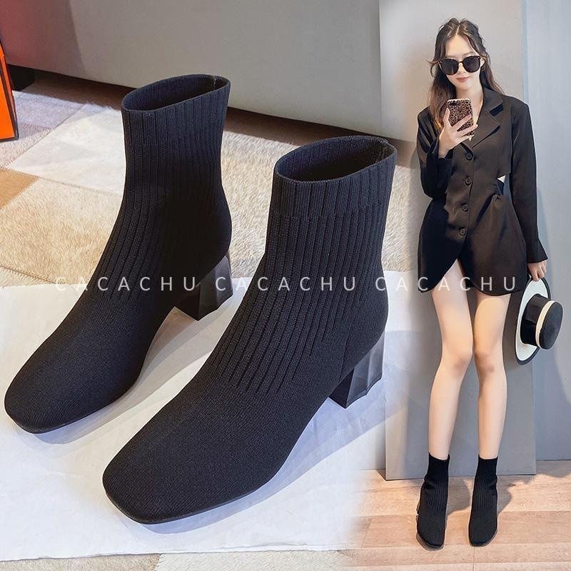 Boot len nữ cao cổ lửng đế cao 7cm màu đen đẹp siêu hot 2022, Bốt nữ Quảng Châu  cao cấp form xinh ôm chân CACACHU G044