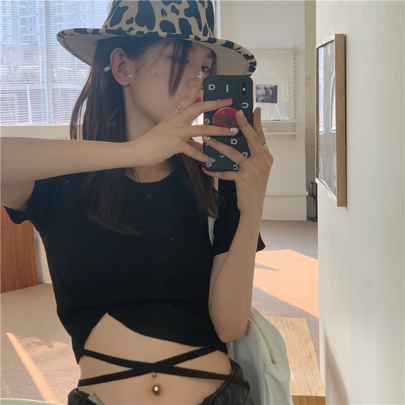 Áo Croptop Tay Ngắn Dáng Ôm Thiết Kế Dây Cột Phong Cách Hip Hop Cá Tính Cho Nữ | BigBuy360 - bigbuy360.vn